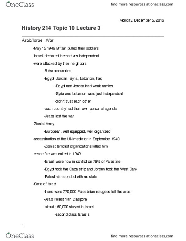 HIST 214 Lecture Notes - Lecture 20: Six-Day War, Israeli Settlement, United Nations Security Council Resolution 242 thumbnail