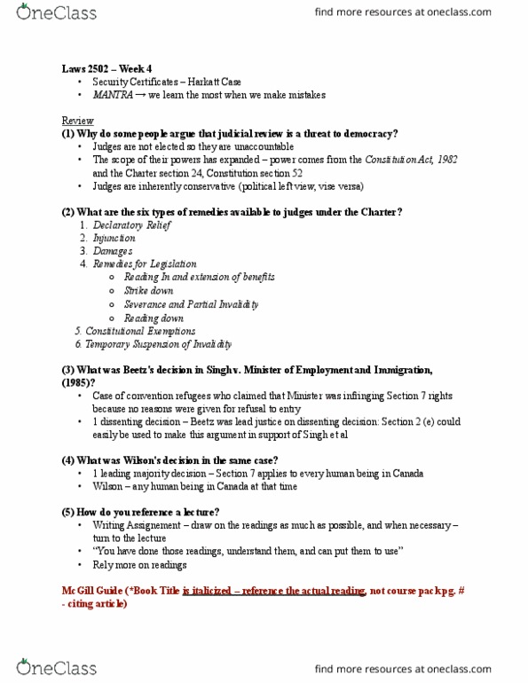 LAWS 2502 Lecture Notes - Lecture 4: Security Certificate, Public Safety Canada, Constitution Act, 1982 thumbnail