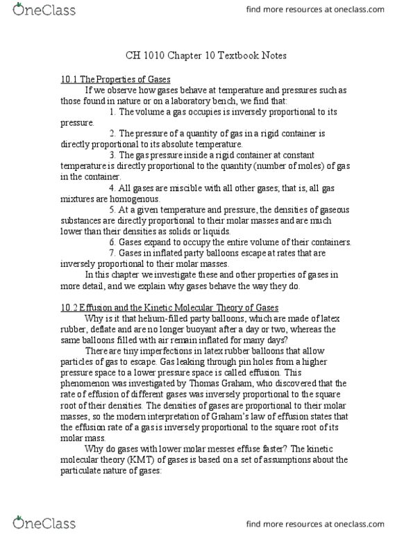 CH-1010 Chapter Notes - Chapter 10: Real Gas, Ideal Gas Law, Johannes Diderik Van Der Waals thumbnail