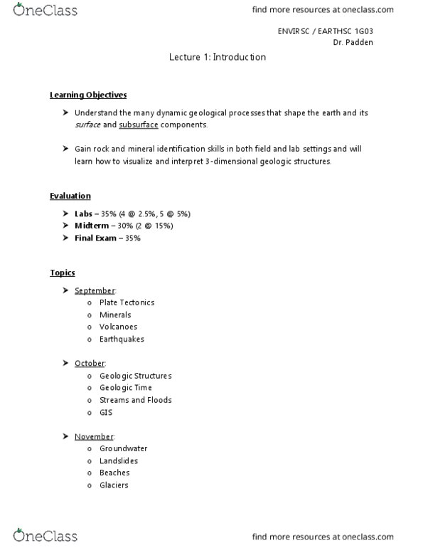 ENVIRSC 1G03 Lecture Notes - Lecture 1: Hydrogeology, Earth Radius, Biogeochemistry thumbnail