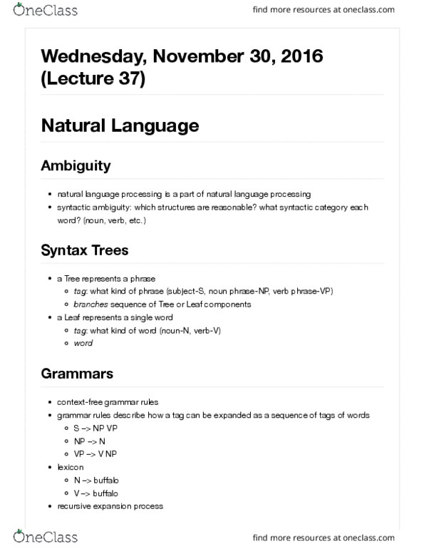 COMPSCI 61A Lecture Notes - Lecture 37: Parsing, Natural-Language Processing, Syntactic Ambiguity thumbnail