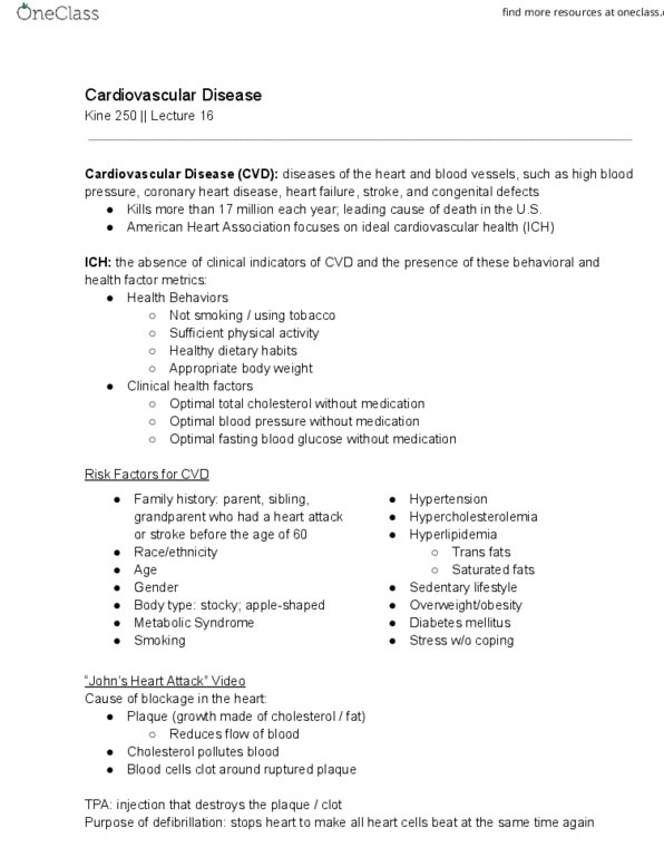 KINE 250 Lecture Notes - Lecture 16: Angioplasty, Statin, Abdominal Obesity thumbnail