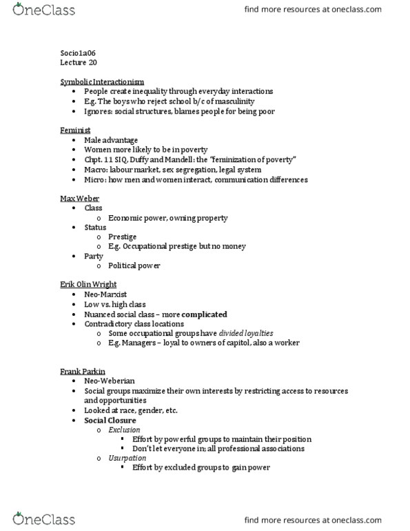 SOCIOL 1A06 Lecture Notes - Lecture 20: Erik Olin Wright, Sex Segregation, Symbolic Interactionism thumbnail