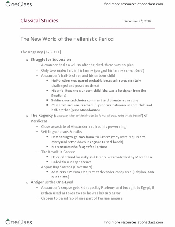 Classical Studies 1000 Lecture Notes - Lecture 11: Prenuptial Agreement, Hellenistic Religion, Hellenization thumbnail