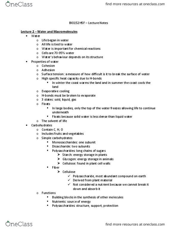 BIO152H5 Lecture Notes - Lecture 2: Deoxyribose, Nitrogenous Base, Amine thumbnail