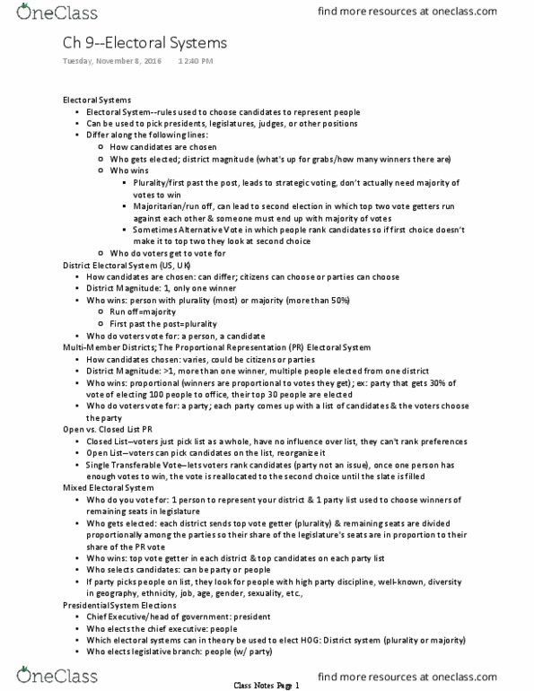 POL 202 Lecture Notes - Lecture 19: Incumbent, Electoral District, Tactical Voting thumbnail