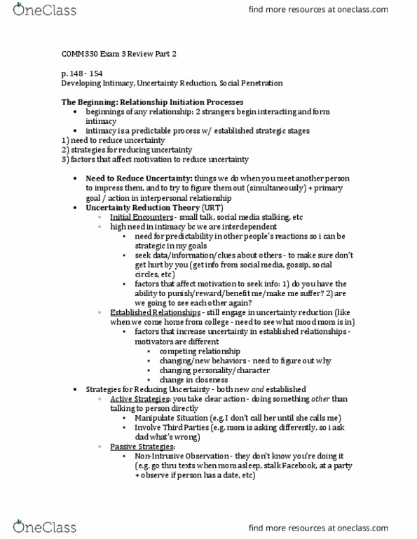 COMM330 Lecture Notes - Lecture 2: Uncertainty Reduction Theory, Predictable Process, Social Penetration Theory thumbnail