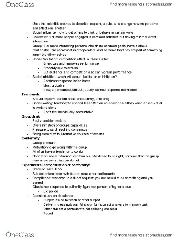 PSY B110 Lecture Notes - Lecture 34: Social Loafing, Teamwork, Scientific Method thumbnail