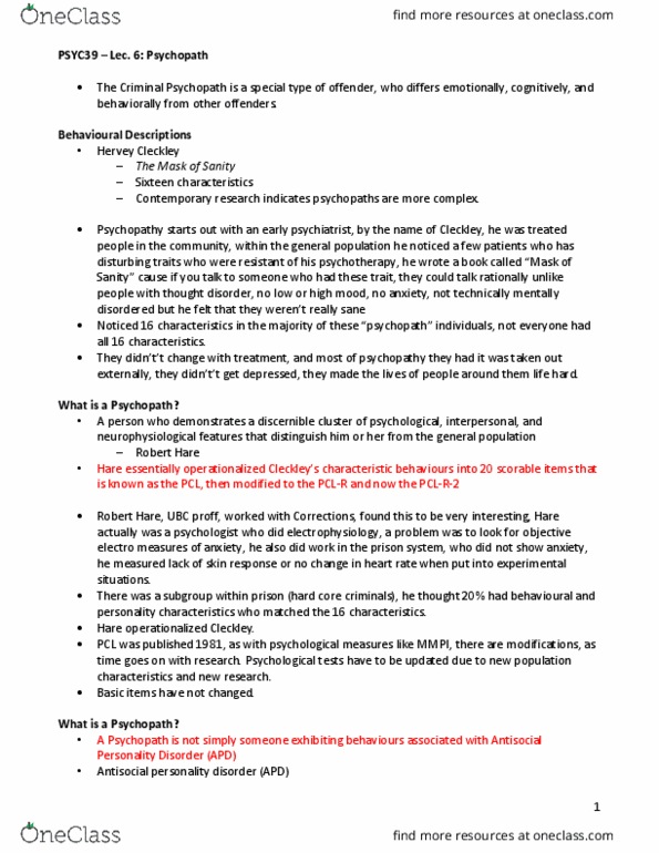 PSYC39H3 Lecture Notes - Lecture 6: Hervey M. Cleckley, Antisocial Personality Disorder, Superficial Charm thumbnail