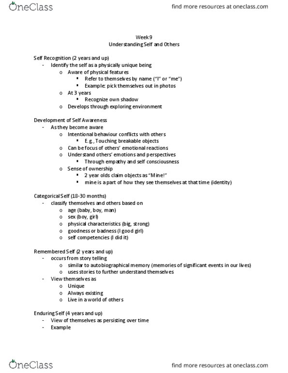 FRHD 2270 Lecture Notes - Lecture 9: Self Esteem (Song), Autobiographical Memory, Social Comparison Theory thumbnail