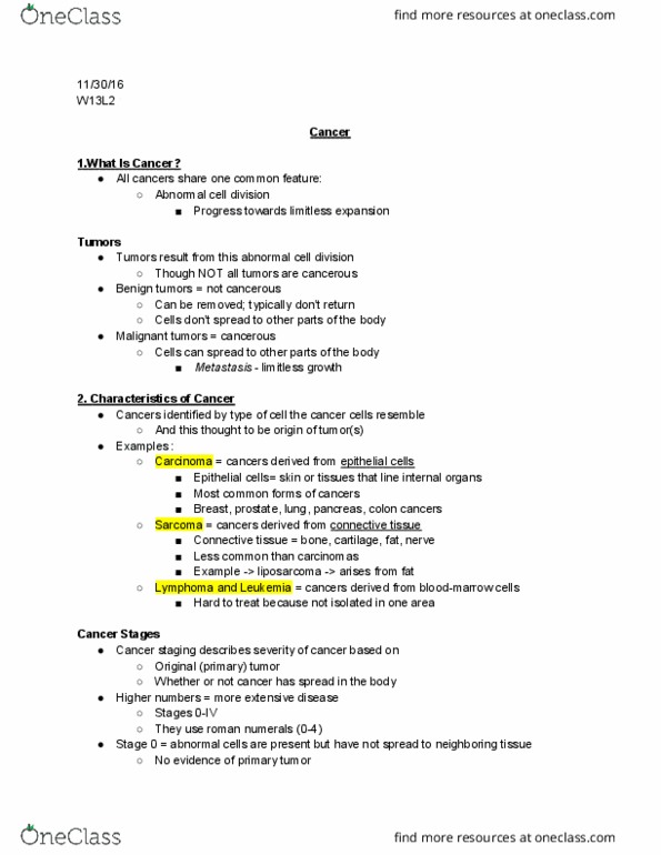 GEN&WS 103 Lecture Notes - Lecture 13: Cancer Staging, Cervical Cancer, Liposarcoma thumbnail