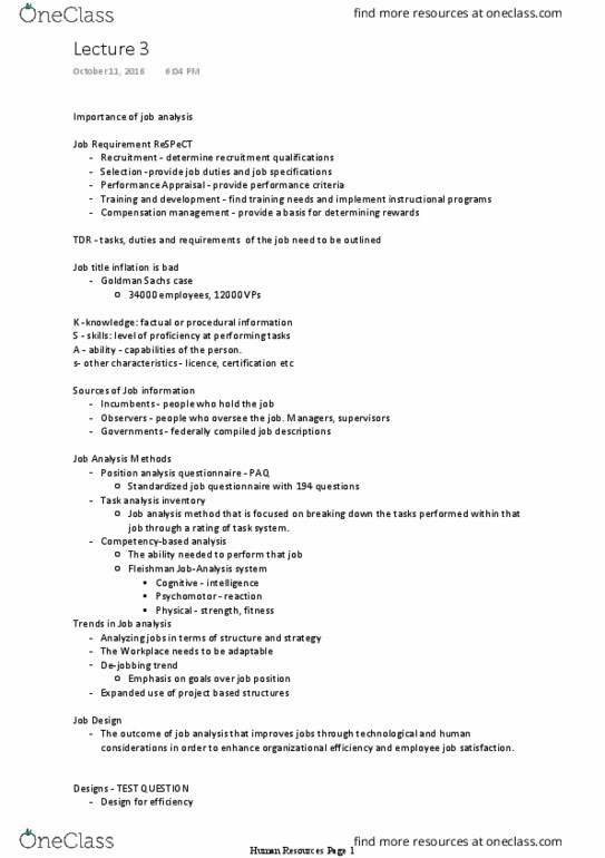 MGT260H5 Chapter Notes - Chapter 3: Job Analysis, Paq, Task Analysis thumbnail