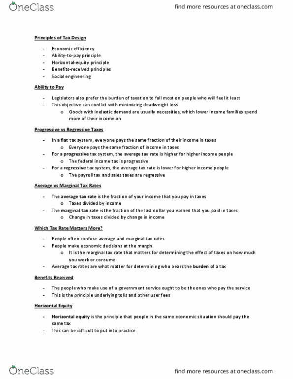 ECON 201 Lecture Notes - Lecture 4: Tax Rate, Regressive Tax, Deadweight Loss thumbnail