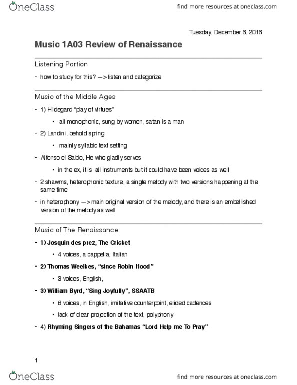 MUSIC 1A03 Lecture Notes - Lecture 31: Alfonso X Of Castile, Tielman Susato, Brandenburg Concertos thumbnail