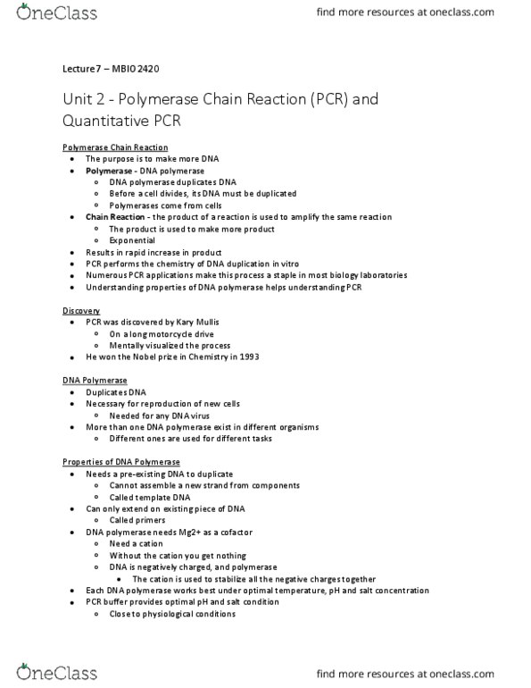 MBIO 2420 Lecture Notes - Lecture 2: Kary Mullis, Real-Time Polymerase Chain Reaction, Dna Polymerase thumbnail