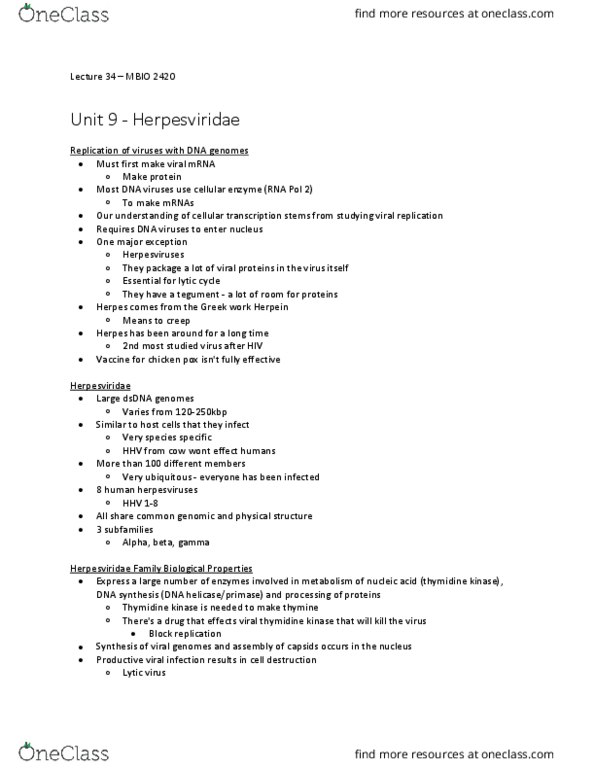 MBIO 2420 Lecture Notes - Lecture 29: Thymidine Kinase, Herpes Simplex Virus Protein Vmw65, Genital Herpes thumbnail