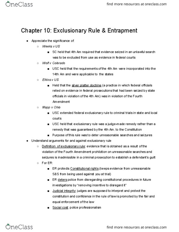 CRJU 3315 Chapter Notes - Chapter 10: Exclusionary Rule, Social Cost, Harmless Error thumbnail
