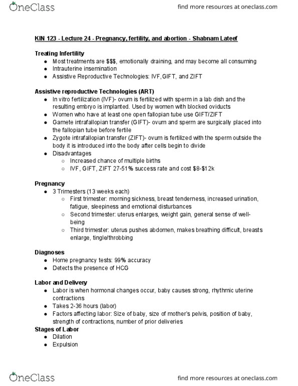 KIN 123 Lecture Notes - Lecture 24: Gamete Intrafallopian Transfer, Artificial Insemination, Zift thumbnail