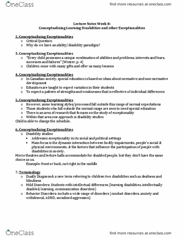 CHYS 1F90 Lecture Notes - Lecture 7: Intellectual Disability, Disability Studies, Visual Impairment thumbnail