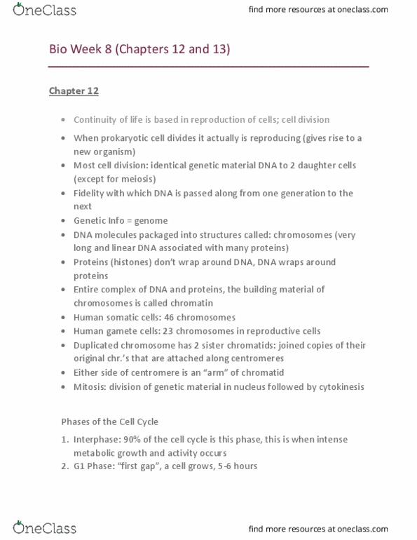 BIOL 102 Chapter Notes - Chapter 12-13: Sister Chromatids, Cleavage Furrow, G2 Phase thumbnail