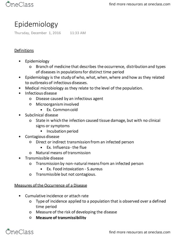 BIO 3124 Lecture Notes - Lecture 21: Relative Risk, Contagious Disease, Cumulative Incidence thumbnail