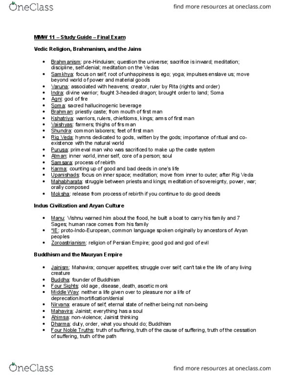 MMW 11 Study Guide - Fall 2016, Final - Rigveda, Shang Dynasty, Filial