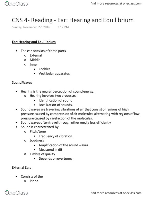 PHS 3341 Chapter Notes - Chapter 4: Vestibular Duct, Basilar Membrane, Cochlear Duct thumbnail