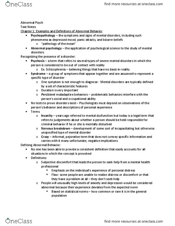 L33 Psych 354 Chapter Notes - Chapter 1: Mental Health Professional, Mental Disorder, Abnormal Psychology thumbnail