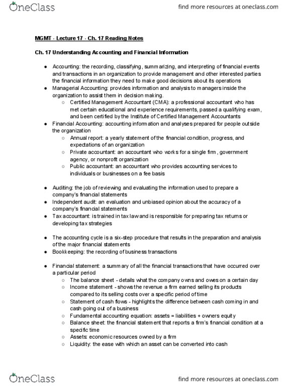 MGMT 1 Chapter Notes - Chapter 17: Financial Statement, Accountant, Accounting Information System thumbnail