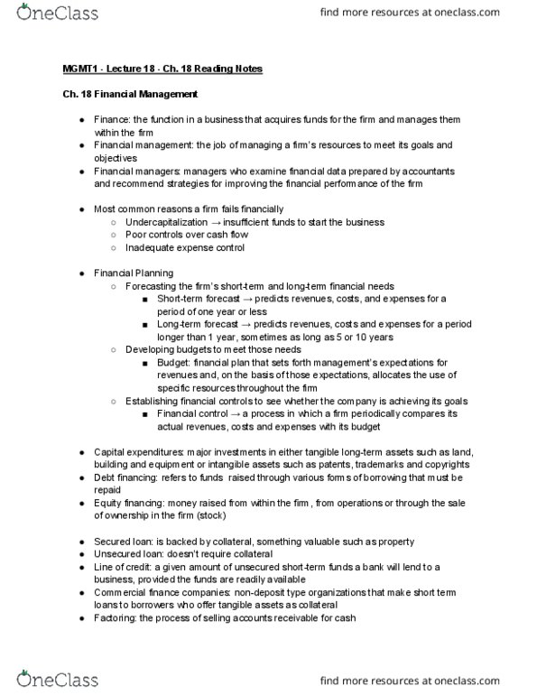 MGMT 1 Chapter Notes - Chapter 18: Cash Flow, Unsecured Debt, Accounts Receivable thumbnail