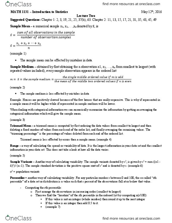 MATH 1131 Lecture Notes - Lecture 2: Standard Deviation, Normal Distribution, Interquartile Range thumbnail