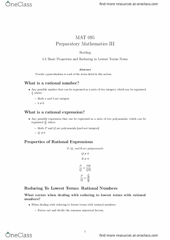 MAT 095 Lecture Notes - Lecture 14: Rational Function, Rational Number thumbnail