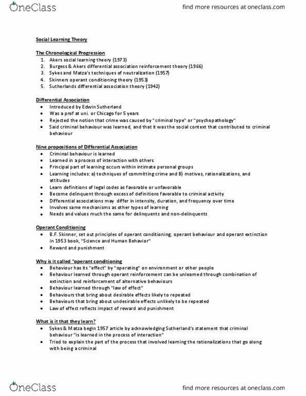 CRIM 104 Lecture Notes - Lecture 6: Edwin Sutherland, Social Learning Theory, George Herbert Mead thumbnail