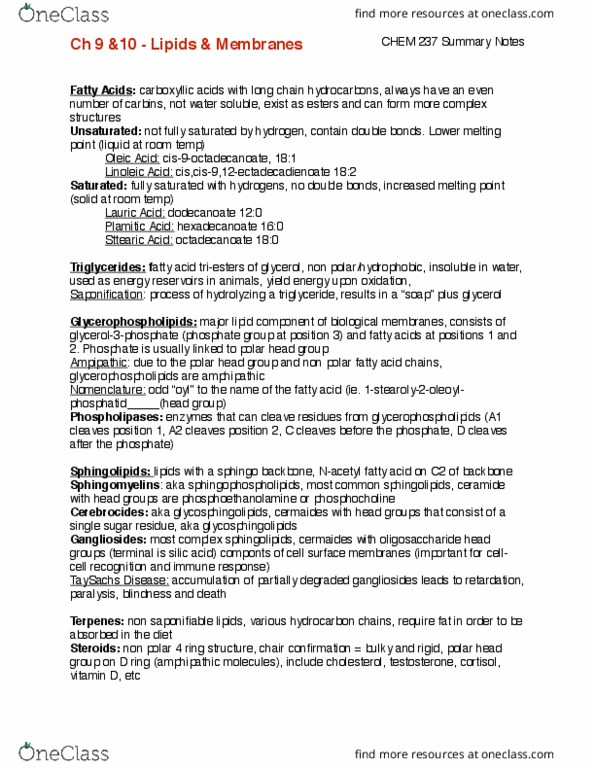 CHEM237 Chapter Notes - Chapter 9-10: Lipid Bilayer, Glycosphingolipid, Glycerophospholipid thumbnail