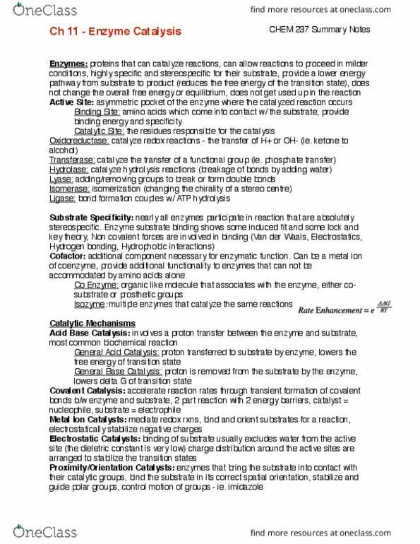 CHEM237 Chapter Notes - Chapter 11: Enzyme, Covalent Bond, Atp Hydrolysis thumbnail