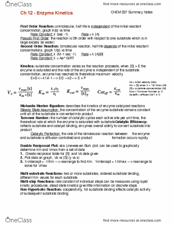 CHEM237 Chapter Notes - Chapter 12: Reaction Rate Constant, Enzyme Kinetics, Cooperative Binding thumbnail