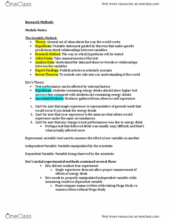 PSYCH 1X03 Lecture Notes - Lecture 1: Energy Drink, Dependent And Independent Variables, Experiment thumbnail