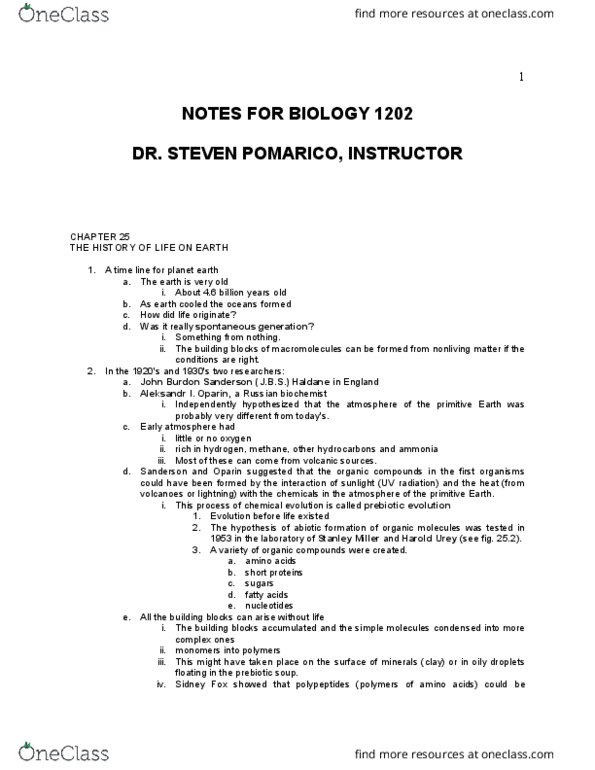 BIOL 1202 Lecture Notes - Lecture 8: John Burdon-Sanderson, Abiogenesis, Harold Urey thumbnail