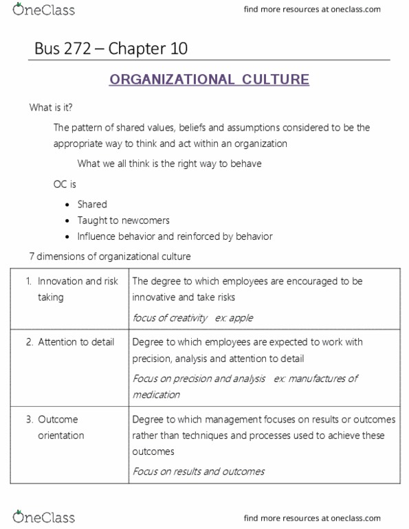 BUS 272 Chapter Notes - Chapter 10: Organizational Culture, Mental Model, Jargon thumbnail