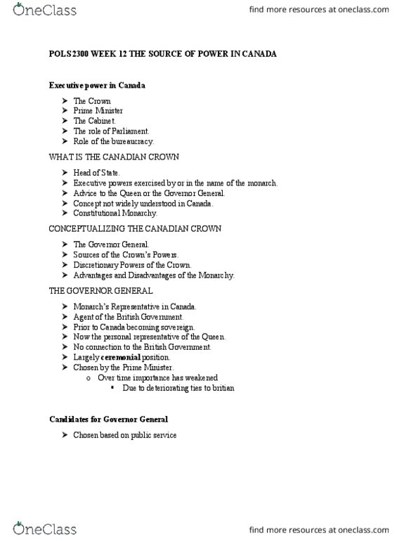 POLS 2300 Lecture Notes - Lecture 9: Responsible Government, Treasury Board Secretariat, Pass Laws thumbnail