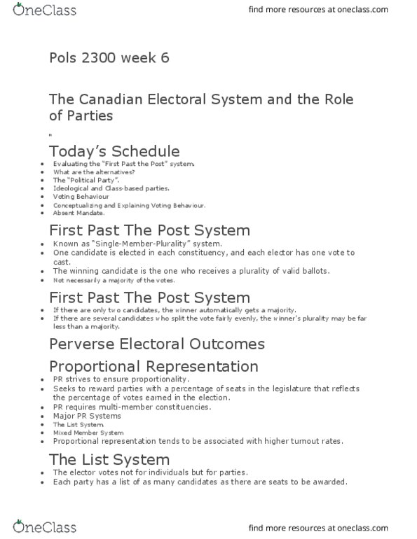 POLS 2300 Lecture Notes - Lecture 6: Fourth Party System, First-Past-The-Post Voting, Second Party System thumbnail