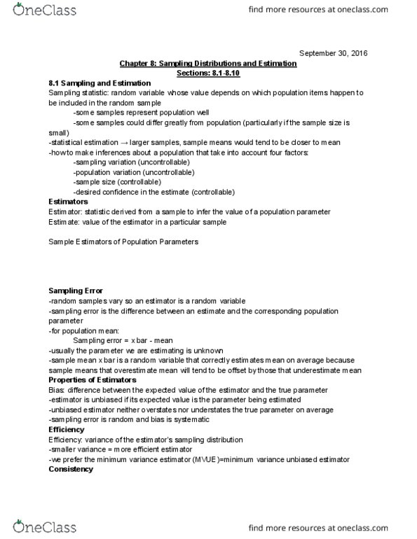 BUAD 310g Chapter Notes - Chapter 8: Minimum-Variance Unbiased Estimator, Central Limit Theorem, Bias Of An Estimator thumbnail