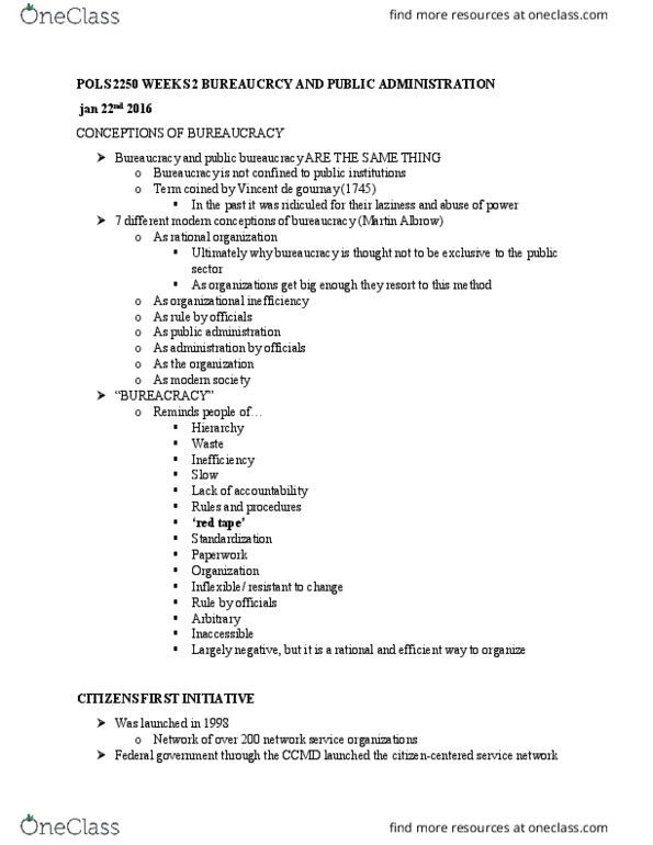 POLS 2250 Lecture Notes - Lecture 2: Jacques Claude Marie Vincent De Gournay, Lyndall Urwick, Charismatic Authority thumbnail