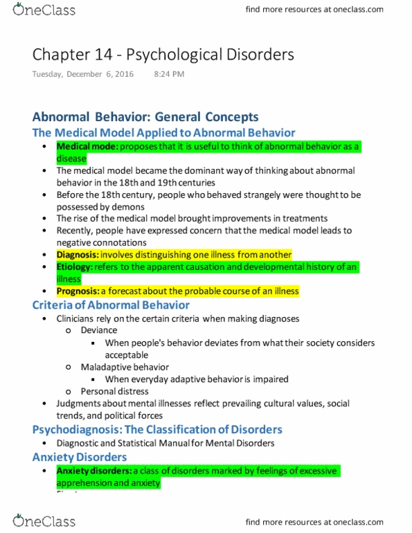PSYC 101 Chapter Notes - Chapter 14: Generalized Anxiety Disorder, Dissociative Identity Disorder, Psychogenic Amnesia thumbnail