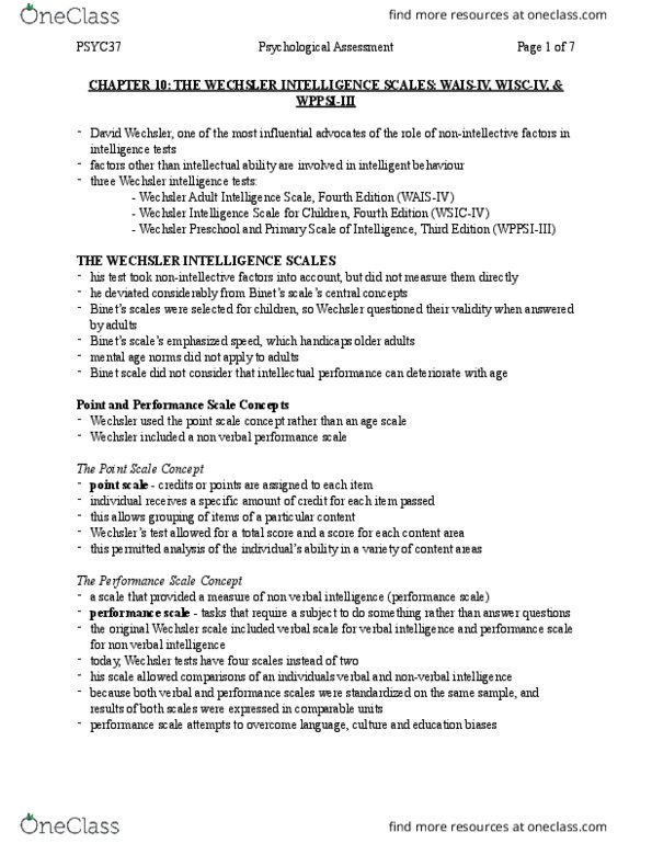 PSYC37H3 Chapter Notes - Chapter 10: Wechsler Adult Intelligence Scale, David Wechsler, Fluid And Crystallized Intelligence thumbnail