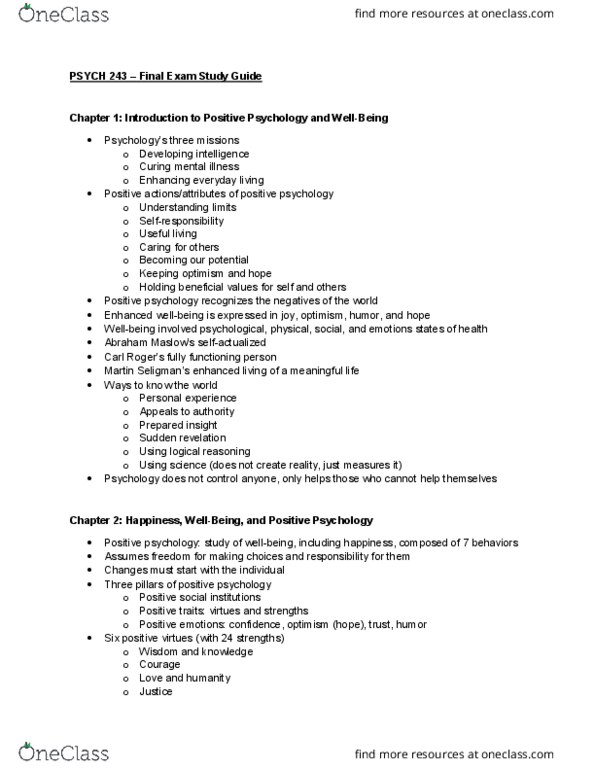 PSYCH 243 Study Guide Fall 2016, Midterm Positive Psychology