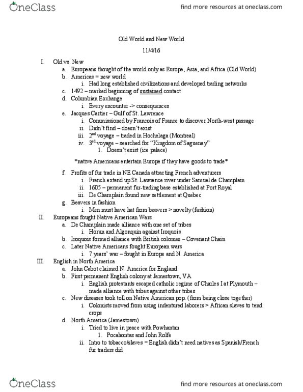 HIST 1010 Lecture Notes - Lecture 30: John Cabot, Covenant Chain, Northwest Passage thumbnail