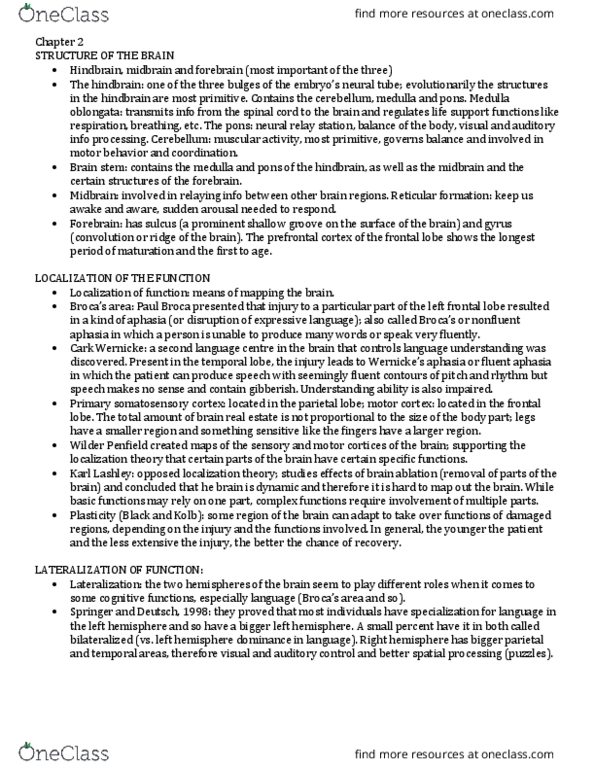 PSYCH207 Chapter Notes - Chapter 2: Medulla Oblongata, Frontal Lobe, Paul Broca thumbnail