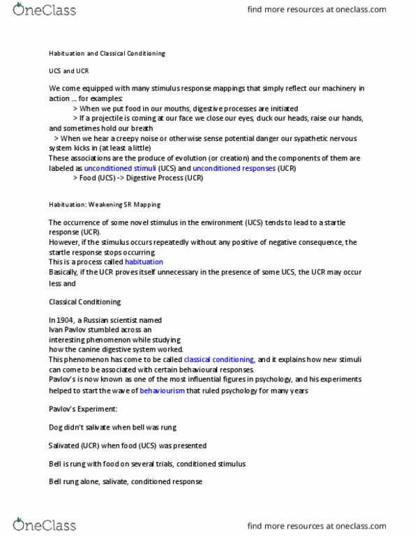 PSYA01H3 Lecture Notes - Lecture 17: Classical Conditioning, Startle Response, Habituation thumbnail