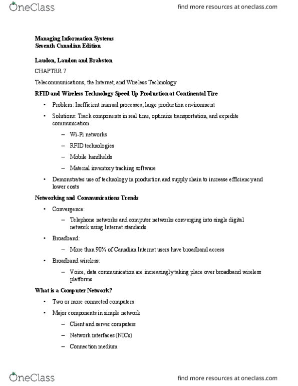 ITM 100 Chapter Notes - Chapter 7: Network Operating System, Continental Ag, Telephone Network thumbnail